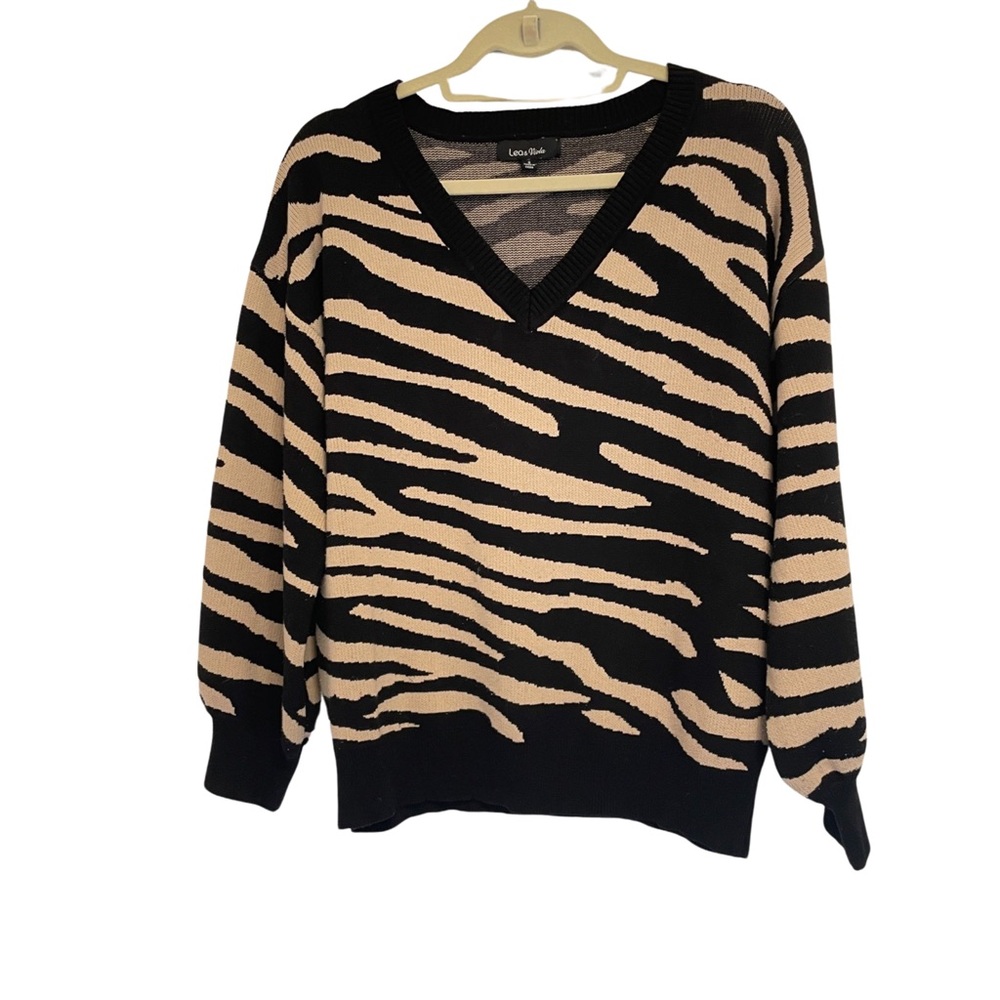 Anthro Lea & Viola Zebra Print V Neck Sweater S